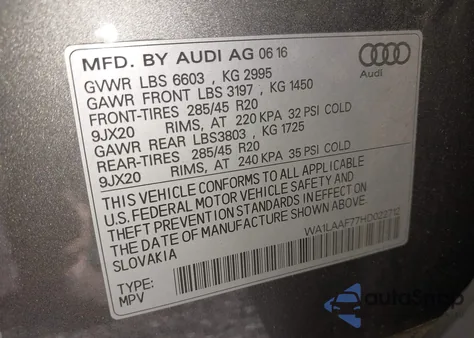 2017 Audi Q7 3.0T Premium from USA, damaged, VIN WA1LAAF77HD022712